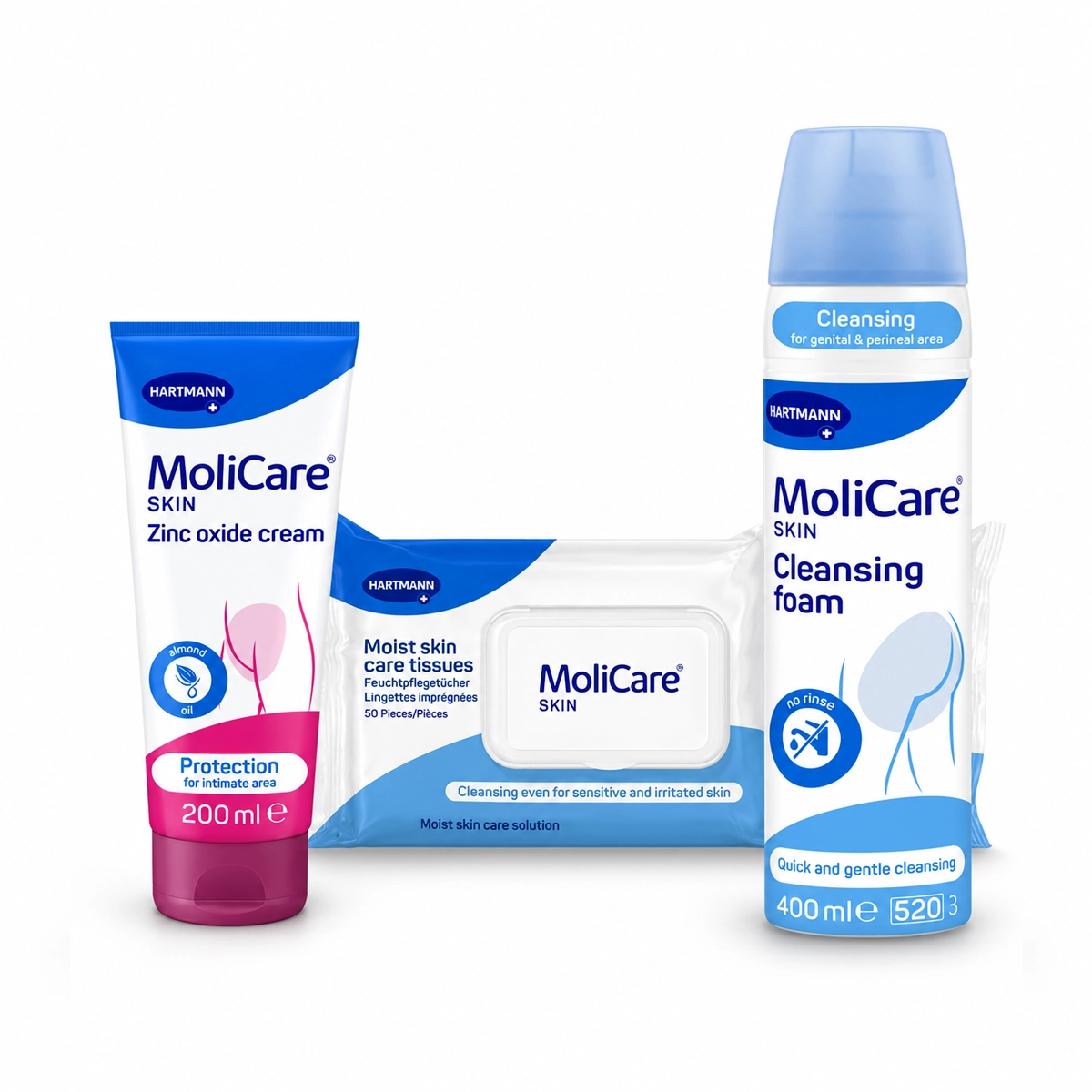 MoliCare Skin temizlik köpüğü bariyer krem ve mendil hasta bakım seti