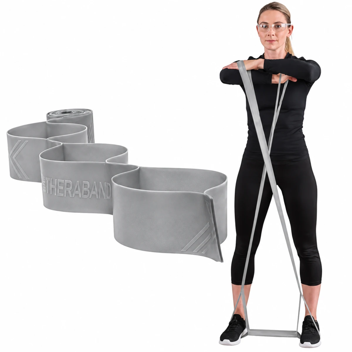TheraBand 13224 CLX gümüş süper sert direnç bandı ve kullanım örneği
