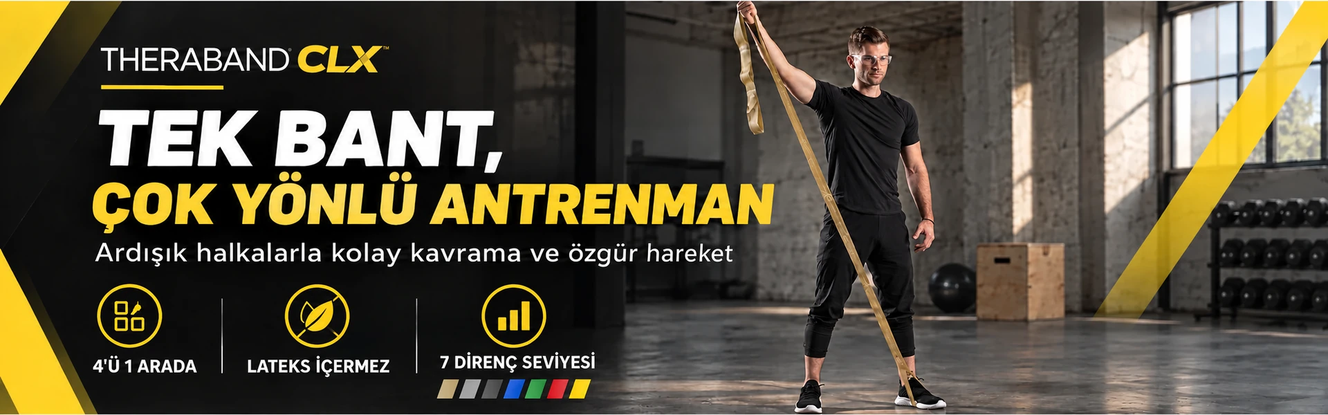 THERABAND CLX 7 direnç seviyeli egzersiz bandıyla antrenman yapan sporcu.